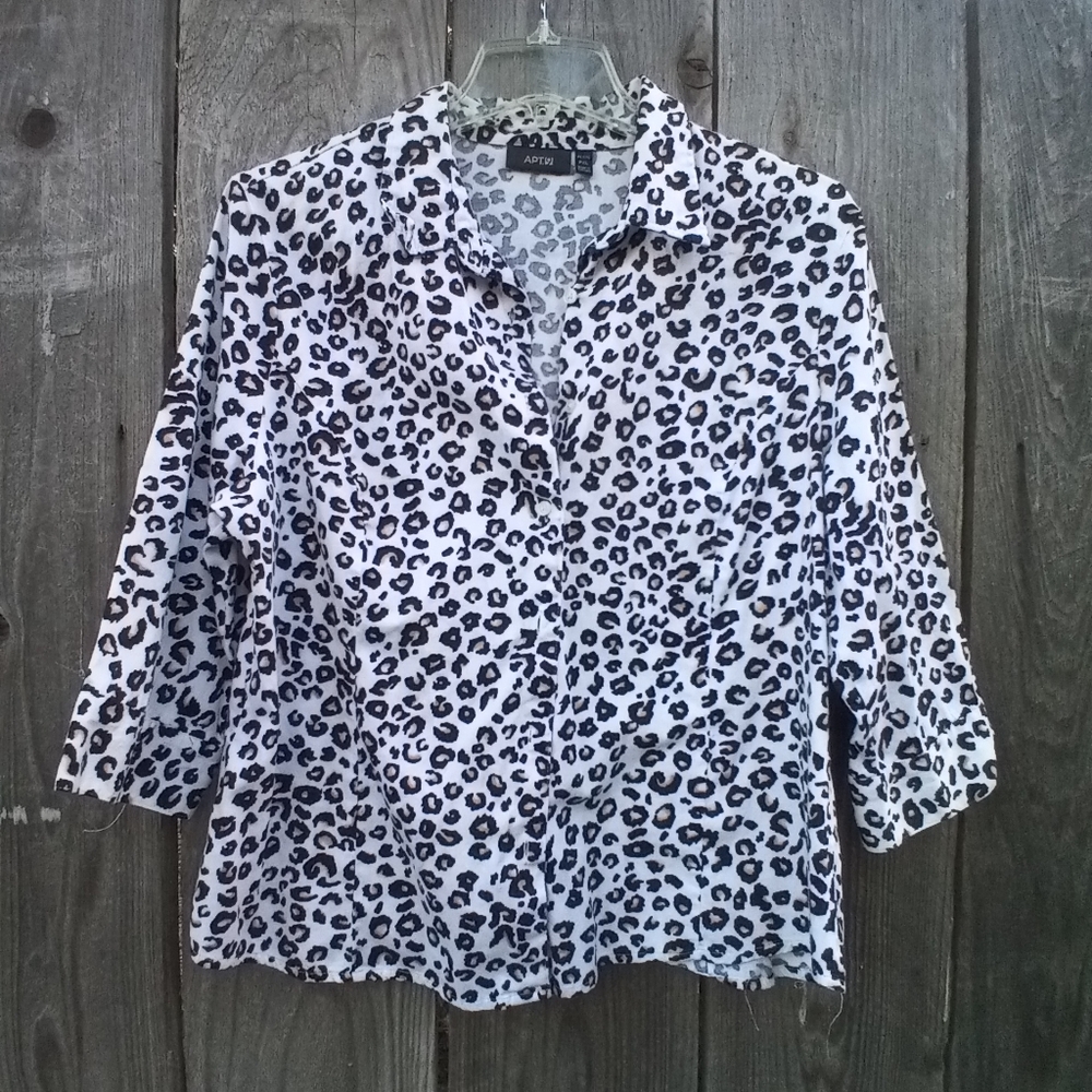 LEOPARD PRINT APT 9 BLOUSE WOMEN PXL COLLARED BUTTON DOWN 3/4 SLEEVES COTTON